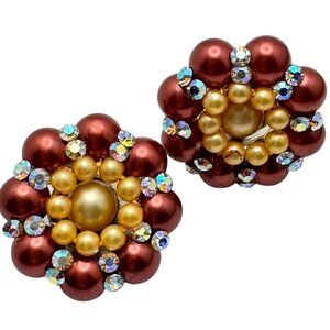 Clip-On Earrings Bronze Gold Cluster Rhinestone Faux Pearl Beads Vintage Gift